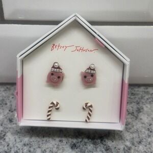Betsey Johnson Cute Pig Candy Cane Christmas Holiday Earrings Set